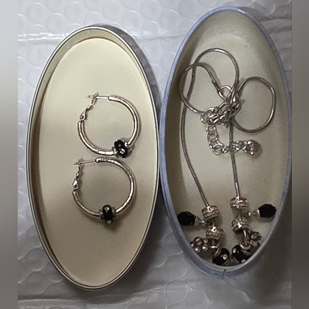 Brighton Silver Hoop Earrings And Necklace with Black Beads